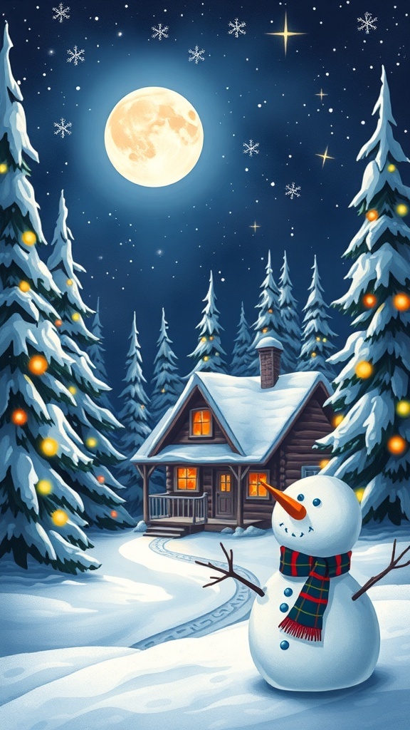 Christmas-Themed Background Drawing Ideas A festive Christmas drawing of a cabin in the snow with a snowman and twinkling lights.